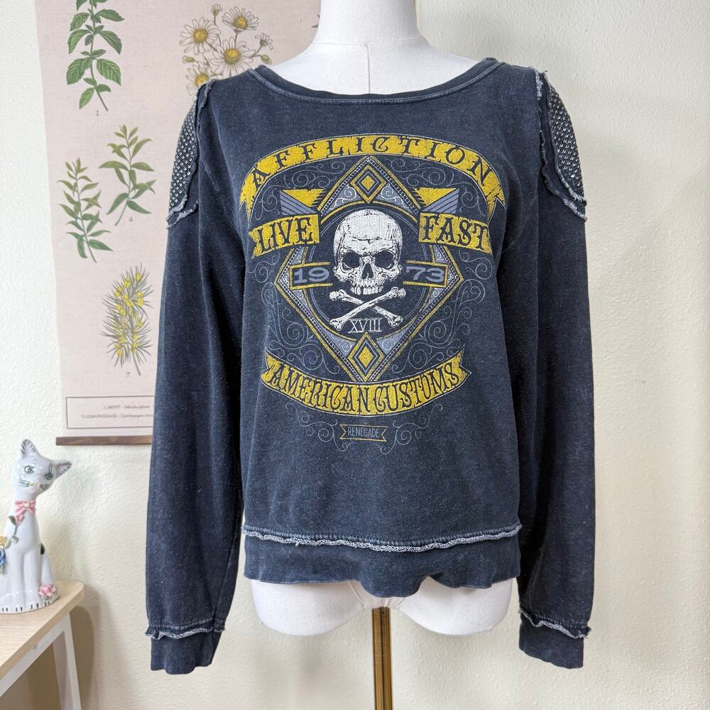 Affliction Skull Sheer Lace Back Studded Pullover Sweatshirt Grunge Punk Emo S